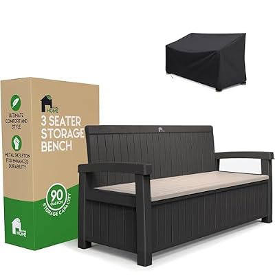 EconoHome 3 Seat Outdoor Storage Bench with Rain Cover - 90 Gallon Capacity - Weatherproof Resin Bench for Patio, Porch, Garden, Yard, Pool Area - Furniture for Pool Accessories, Gardening Tools