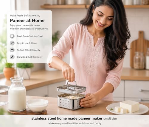Image of Stainless Steel Paneer Maker Mould Press 250ml | Small Size Paneer Mould | Square Paneer Press Machine | Paneer Making Box | Paneer Strainer for Kitchen