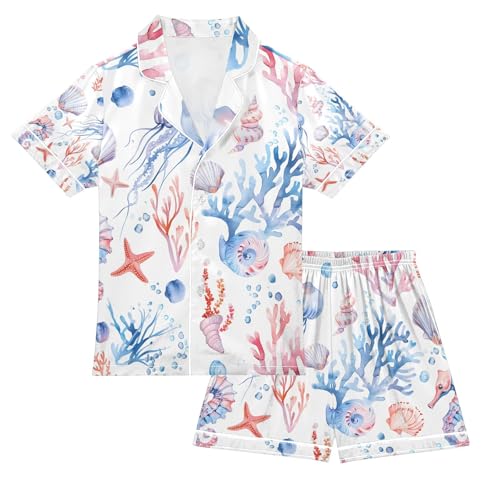senya Jellyfish Seahorse Satin Summer Pajama Sets Silk Short Sleeve Button Down Sleepwear