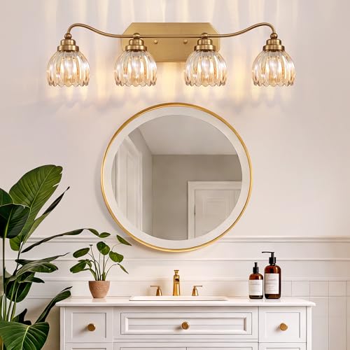 Image of Vintage Bathroom Light Fixtures, 4 Light Gold Bathroom Vanity Light, Matte Antique Brass Finish with Amber Crystal Glass Shade, Wall Sconces Lighting for Bedroom, Living Room(Amber-colored Glass)