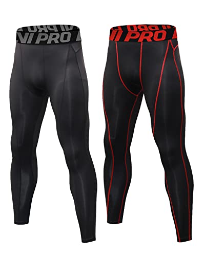 LNJLVI 2 Pack Pantalones Deportivos de Entrenamiento para Hombre Pantalones de compresión Running Leggings(Negro-Rojo,S)
