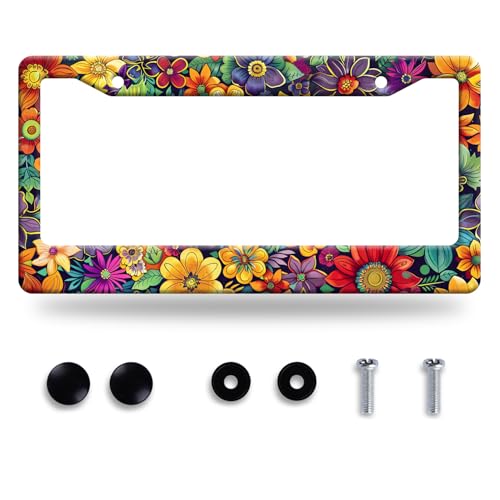 Bright Flowers Colorful Floral License Plate Frame Flower License Plate Stainless Steel Funny License Plate Holder for Women Cute Car Accessory Decoration 12.3