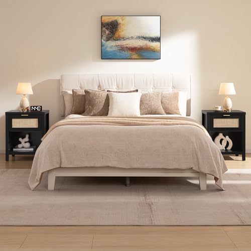 Image of SICOTAS Black Rattan Nightstands Set of 2 with Drawer 19.7 inch Wide