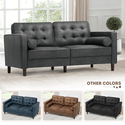 Image of 67 inch Suede Leather 2 Seater Sofa with Two Bolster Pillows, Grey | Tufted Sofa with Wooden Legs, Mordern Couch for Living Room, Office, Apartment