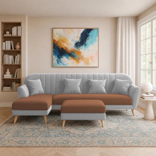 Image of Atticus LHS 6 Seater L Shape Sofa Set with Ottoman Living Room (Brown Grey Colour Fabric) Premium Fabric Sofa Set for Living Room