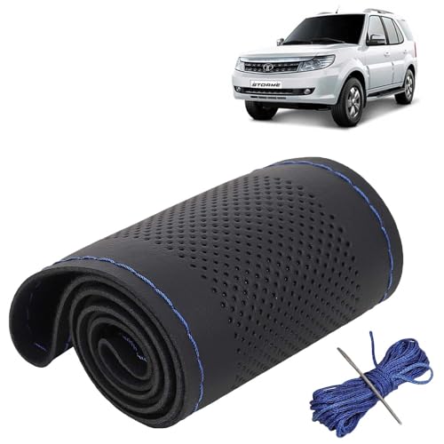 Image of KINGSWAY PU Leatherite Car Steering Cover Sewable Compatible with Tata Safari Storme (Year 2012 Onwards), Black Color with Blue Thread, Pack of 1 with Sewing Needle and Thread