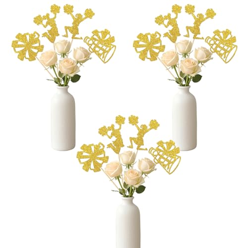 12Pcs Cheerleading Centerpiece Sticks Cheerleading Themed Party Decorations Glitter Gold Cheerleader Birthday Table Toppers for Cheer Team Gymnastics Birthday Party Supplies