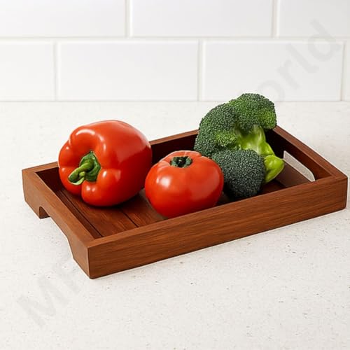 Image of Premium Sheesham Wood Serving Tray - Rectangular Wooden Tray with Handles for Kitchen, Dining, Coffee Table & Home Decor - Tea Snacks Breakfast Tray - 10 x 6 Inch