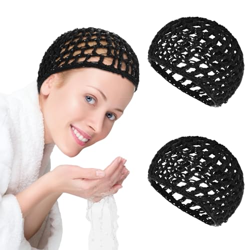 Sibba Mesh Crochet Hair Net 2 Pcs Rayon Knit Snood Hat Thick Short Hairnet Shower Caps Soft Sleeping Cap Long Short Curls Head Cover Accessory Cover Ornament Black Wraps