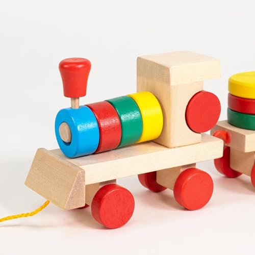 Image of SHINETOY Wooden Railway Train Toddler Toy, Rail Wooden Blocks for 1-3 Year Old Boys Girls, Montessori Sorting Stacking, Preschool Educational Toy for Kids