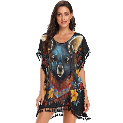 Black Kangaroo Blossom Women's Beach Cover Up Chiffon Tassel Swimwear Swimsuit Coverups for Girl