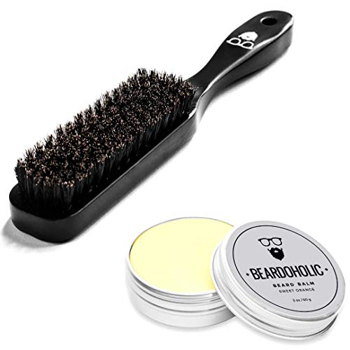 Beardoholic Orange Scent Beard Balm and Brush Set â€“ 100% All Natural, 100% Boar Bristles â€“ Anti-Static, Eliminates Tangles and Ingrown Hairs, Itch and Dandruff â€“ Shape and Style Beard With Ease