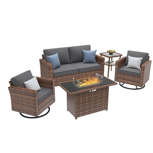 Image of UDPATIO 5 Pieces Patio Furniture Set with Fire Pit Table, Outdoor Furniture Set with Rocking Swivel Chairs, Wicker Patio Set with Waterproof Cover, 4'' Thickened Cushion, Grey