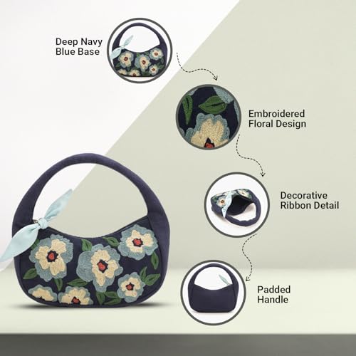 Image of Boho Girl Indigo Blossom Tote Bag - Navy Blue Floral Handbag for Women with Embroidered Flowers, Padded Handle & Ribbon Detail - Chic Shoulder Bag for Travel, Brunch