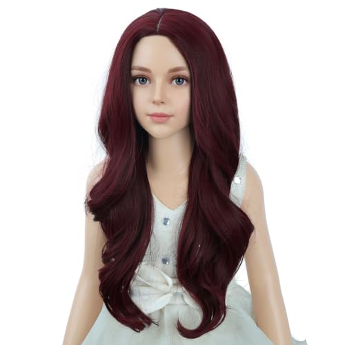 Image of PATTNIUM Wine Red Long Curly Wigs for Kids Girls Burgundy Middle Part Heat Resistant Synthetic Wigs Halloween Cosplay Costume Party Wig
