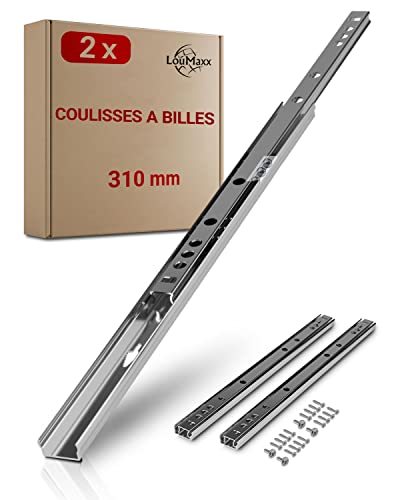 LouMaxx coulisse a bille lot de 2 (1 paire) glissières pour tiroirs 310 mm 17 mm - rail pour tiroir - rail tiroir coulissant - glissiere tiroir haute qualité - facile à monter