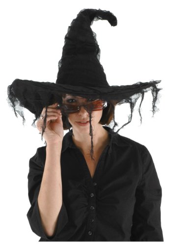 Grunge Witch Black Costume Hat - Classic Witch Hat with Tattered Mesh and Cheesecloth
