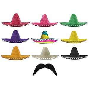 Sombreros mexicanos en color verde con borde blanco de POM + bigote perfecto para cualquier fiesta de disfraces de México para hombres y mujeres al por mayor – 1x SOMBRERO + X1 MOUSTACHE