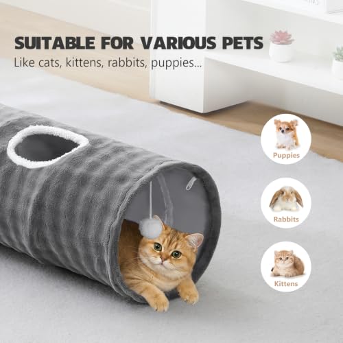 Image of Straight Bubble Cat Tunnel for Indoor Cats 47 inchx12 inch, Grey | Cute Cat Toys, Collapsible Tunnel Tube with Hanging Balls for Puppy Kitten Rabbit