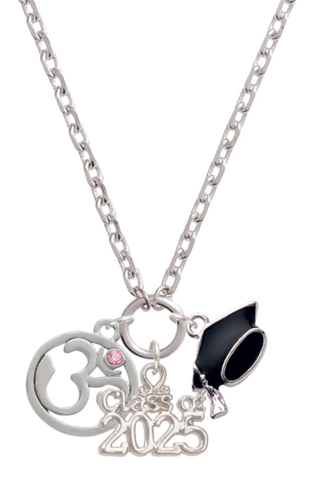 Delight Jewelry Silvertone Om in Circle with Crystal - Class of 2025 Graduation Zoey Charm Necklace, 28"