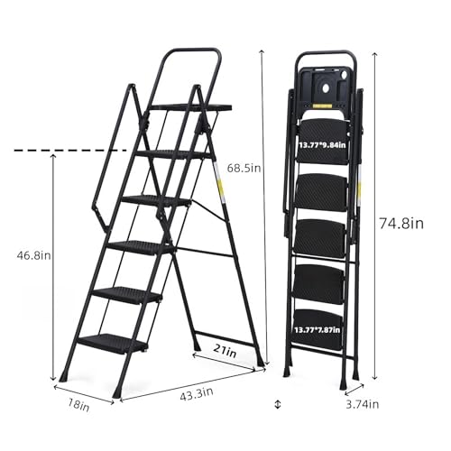 Image of 5 Step Ladder with Handrails Folding Step Stool with Tool Tray & Anti-Slip Wide Pedal for Home Kitchen Pantry Office, Lightweight Sturdy Steel Ladder with Platform for Adults