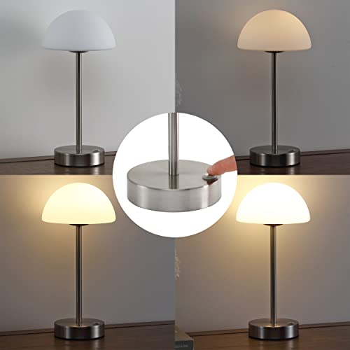 Image of JONATHAN Y Xavier 12.5 inch Metal Cordless LED Table Lamp, Nickel | Rechargeable, Dimmable Touch Sensor, White Frosted Glass Dome, Portable Minimalist Accent Light, Integrated Bulb Included