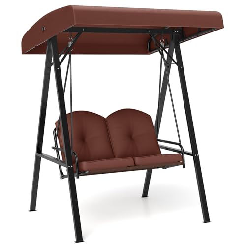 Image of Tangkula 2 Person Porch Swing, Patio Swing with Adjustable Canopy, Heavy-Duty Metal Frame & Soft Cushion, Outdoor Swing for Backyard, Garden (Brown)