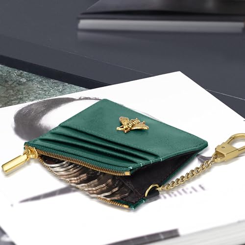 Image of SEAVILIA Card Holder Keychain Wallet for Women with ID Window RFID Coin Purse Bee Gifts Slim Minimalist Small Wallet, Green, 4.4 x 3.38 inches, Minimalist
