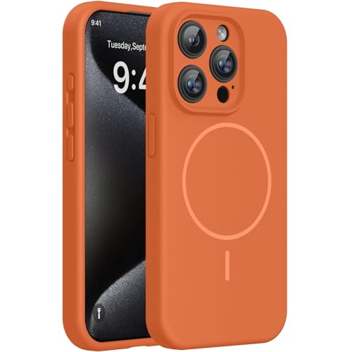 Image of Miracase Magnetic for iPhone 15 Pro Case, [Soft Anti-Scratch Microfiber Lining], Compatible with MagSafe, Liquid Silicone Shockproof Drop Protection Phone Case for 15 Pro, Orange