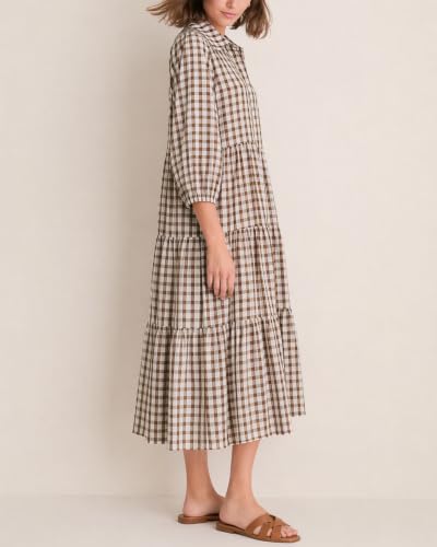 Image of Women Button Down Maxi Shirt Dress Long Sleeve Flowy Tiered Collared Dresses with Pockets
