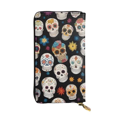 Sugar Skulls Picture Leather Long Clutch Wallet for Fashionable Girls and Women - Durable, Stylish, and Functional, Black, One Size