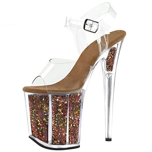 Roimaash Fancy Mujer 20CM Glitter Pole Baile Sandalias Clear Plataforma Peep Toe Stiletto Correa de Tobillo Sandalias Noche Prom Zapatos Brown Plus Size 43