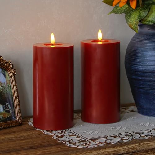 Image of Flameless Flickering 4 inch x8 inch Real Wax Burgundy Remote Candles with Candle Grease, Pack of 2 Timer LED Battery Operated Fake Warm Light Pillar Candles for Home, Banquet, Ceremony Decoration