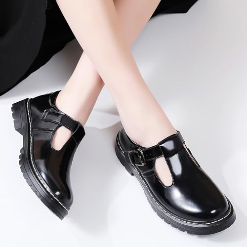 Image of Women's Platform T-Strap Mary Janes Oxford Dress Shoes | Chunky Non-Slip Classics Round Toe Comfort Casual School Work Uniform Shoes with Buckle Retro Comfortable Walking Shoes