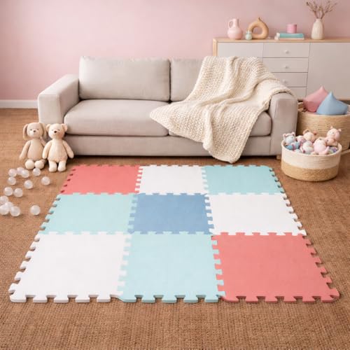 LittleTom 9-Pieces Baby Play Mat - 30x30 cm/ 11.8x11.8 in - Soft Foam Interlocking Tiles - EVA Sensory Mat for Crawling Toddlers - Indoor & Outdoor Use - Plasticizer-Free Floormats for kids