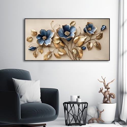 Tableau métal 3D relief abstrait or et bleu grand format de qualité premium