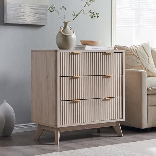 Image of T4TREAM Fluted 3 Drawer Dresser, 32 inch Tall Modern Chest of Drawers, Curved Profile Design, Wood Drawer Organizer for Bedroom, Living Room, Hallway, Entryway, White Alder