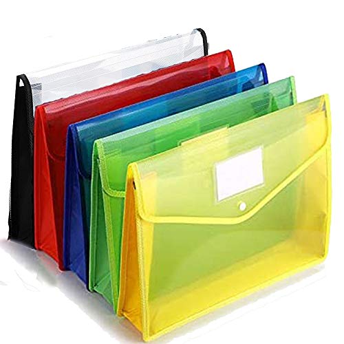 5 Packs A4 Plastic File Documen Waterproof Poly Folder Envelope Wallet Expandable Clear Document Folders with Button Closure for Office Home Organizer School Paper Organizer