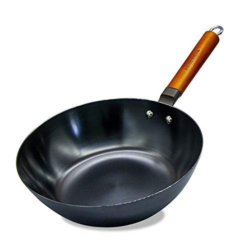 RanRan Carbon Steel Wok and Stir Fry Wok Pan Cast Iron No Chemical Wok Pan11 InchDeep Fry Pan Detachable Wooden Handle Great Asian Food Cooking Wok Induction Compatible Dishwasher Safe