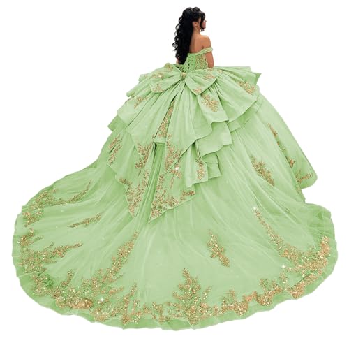 Ftupza Gold Appliques Quinceanera Dress Sage Green Crystal Party Dress 10