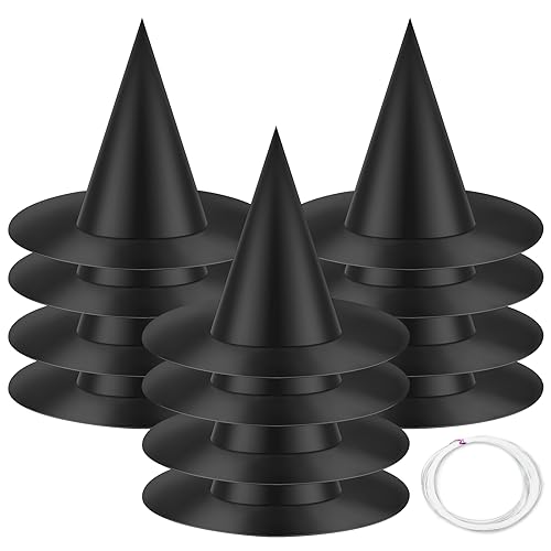 12 Pieces Halloween Hanging Witch Hats Decorations - Floating Black Witches Wizard Hats Bulk Cap Cosplay Costume Accessory with 100 Yards Hanging Rope for Women Kids Outdoor Garden Yard Porch Decor