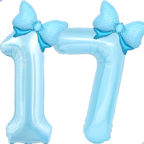 Image of Light Blue 17 Balloon Number Blue Coquette Birthday Decorations for Girls, Blue Bow Balloons Foil Mylar Large 40 inch 17 Balloon for Girls Bows Coquette 17th Birthday Party Decorations Supplies