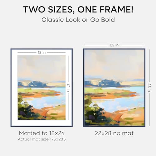 Image of Homeforia 22x28 Navy Blue Picture Frame, High End Metal 22x28 Poster Frames with Mat 18x24 inch Photo, 22 x 28 Thin Frame Matted to 18 x 24 Print, 28x22 Large Frame, Tempered Glass, Wall Kit, Set of 2