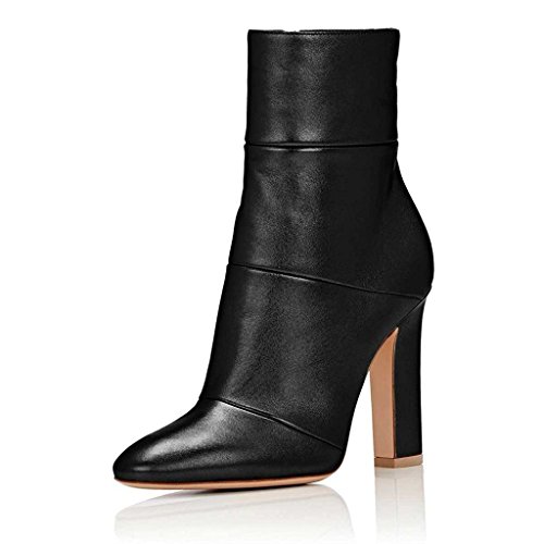 FSJ Women Retro Chunky High Heel Ankle Boots Pointed Toe Booties with Side Zipper Size 14 Black Matte