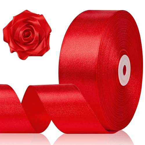 1-1/2 Inch 100 Yards Red Satin Ribbon Solid Fabric Ribbon Roll for Flower Bouquet Gift Wrapping Roses Making Handmade Crafts
