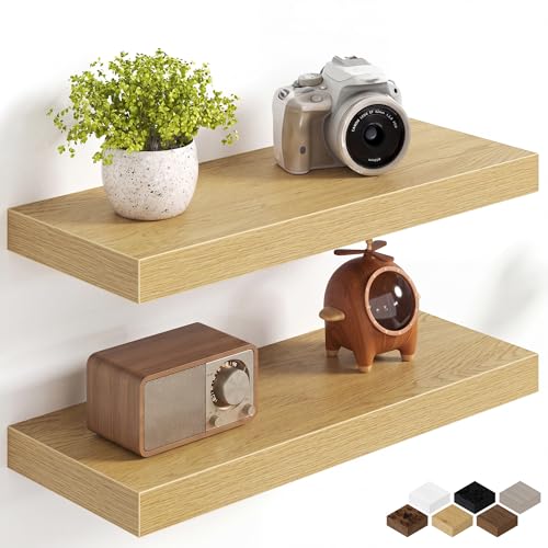 Image of Fun Memories 20Inch Floating Shelves for Wall, 8 Inch Deep Shelves for Bathroom|Bedroom|Kitchen Wall Mounted, Wood Hanging Shelf with Invisible Brackets for Home Storage Decor, Oak - 2 Pack
