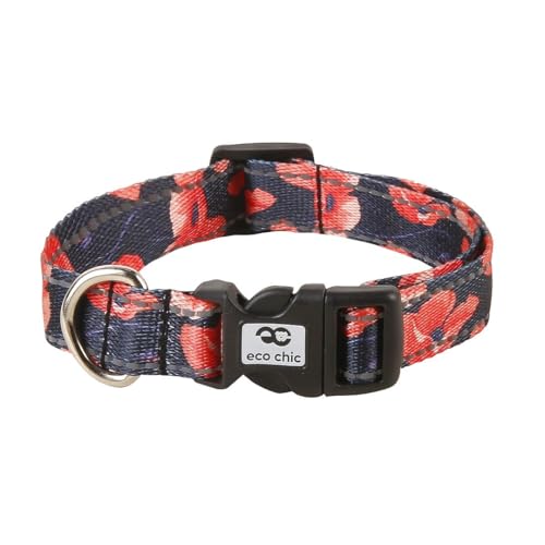 Eco Chic Recycled Reflective Dog Collar Soft Adjustable Pet Collar with Quick Release Buckle (Poppies Navy Small)