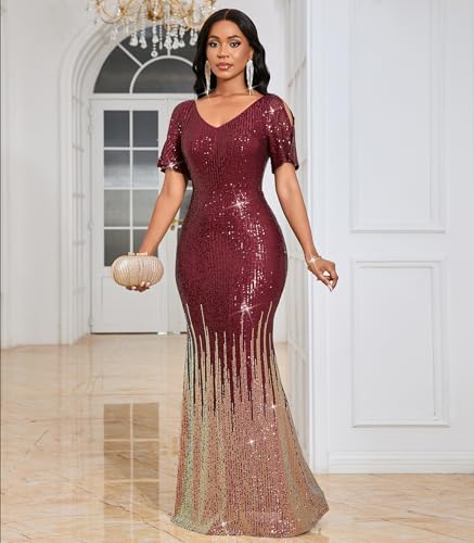 Image of Cololura Women Sexy Elegant Sequin Short Sleeve Party Bodycon Maxi Dress Cocktail Evening Gown Formal Dresses
