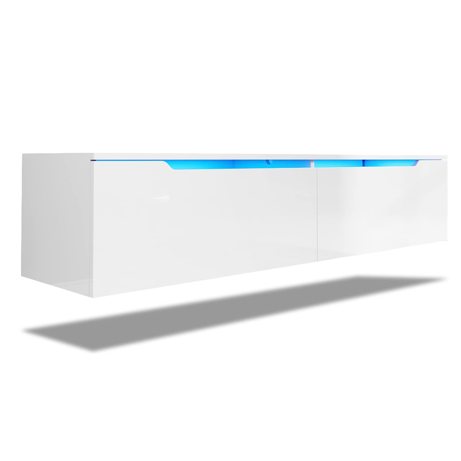 SONNI Mueble TV Suspendido Blanco Brillo con Luces 12 Colores,Mueble de Salón con LED Madera 2 Puertas Abatibles 140 cm