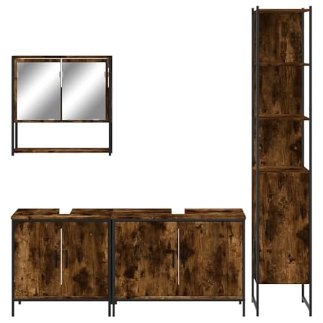 Modern Smoked Oak Bathroom Furniture Set with Wall-Mountable Sink Cabinet, Durable Engineered Wood Storage Vanity Solution for Organized Toiletry & Home Decor.